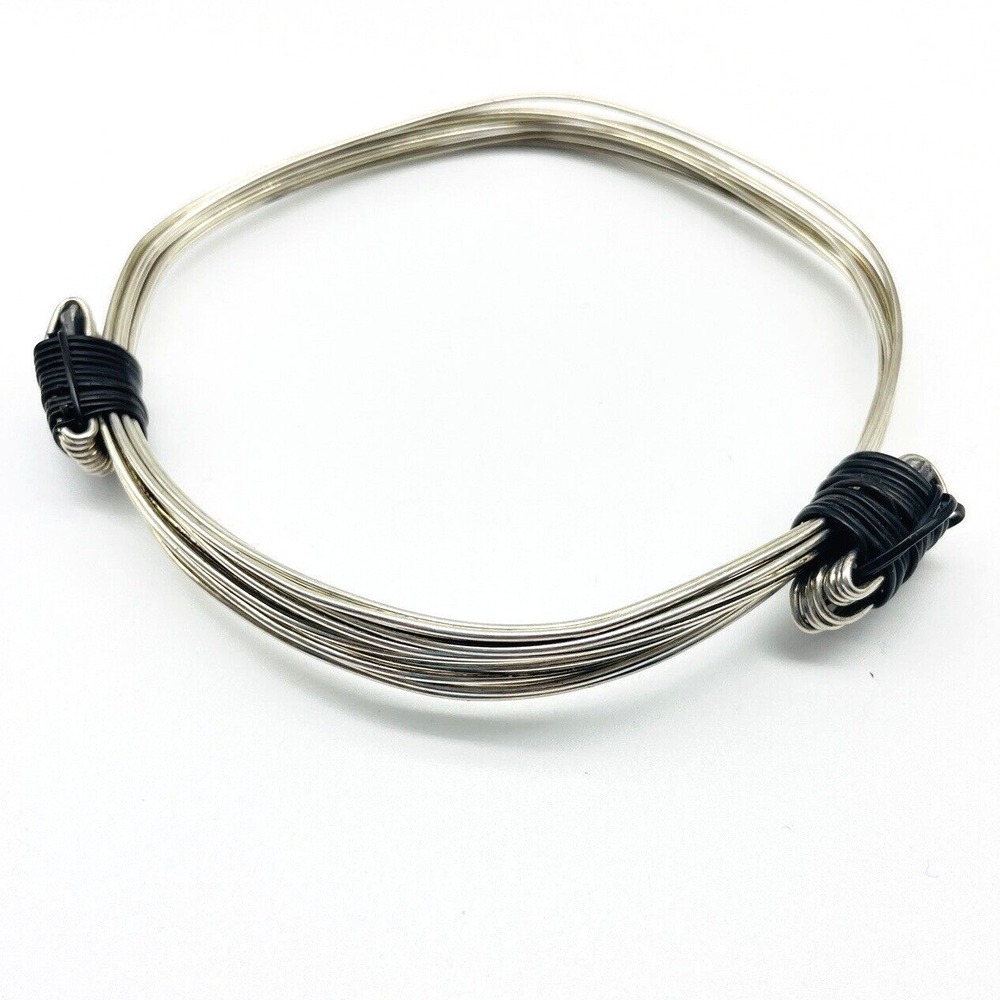 Silver Tone Multi Strand Wire Bracelet Black Wrapped Accents Modernist Bangle